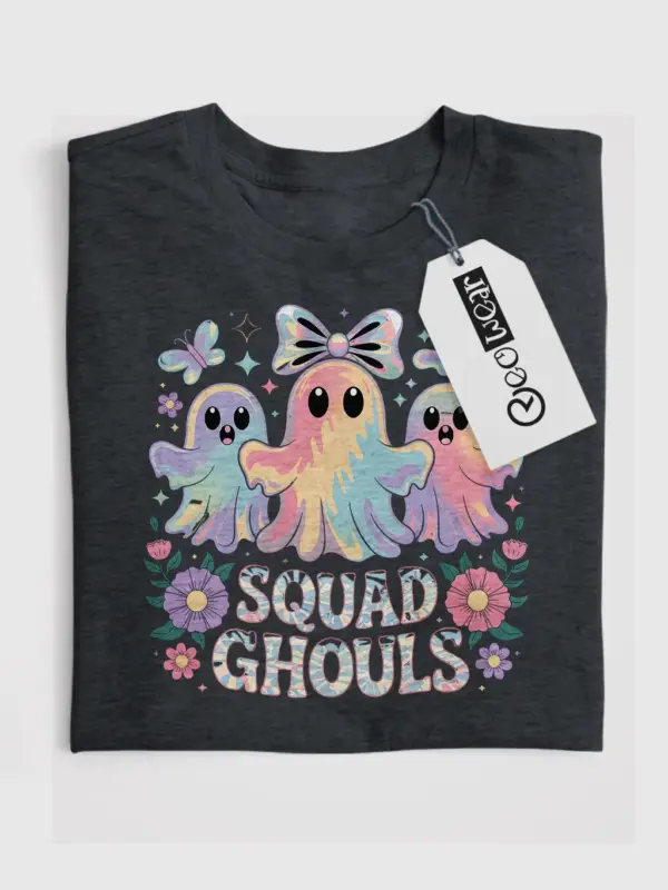 Dark Heather front view – squad ghouls halloween shirt with bow ghost