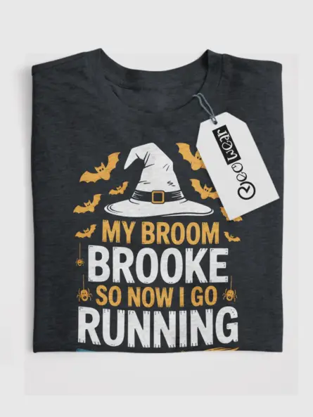 dark heather flatlay lifestyle photo – spooky jogging apparel – my broom broke so now I go running shirt