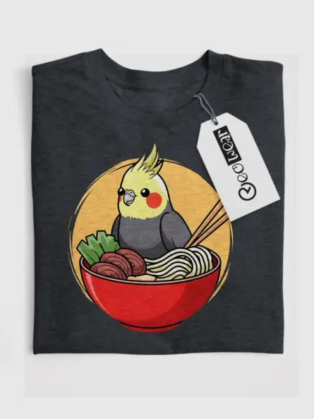 Whimsical Cute Cockatiel T Shirt – Ramen Bowl Kawaii Bird Tee - Image 4