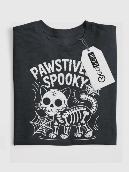 Front view Dark Heather Shirt Pawstively Spky skeleton cat Halloween t-shirt