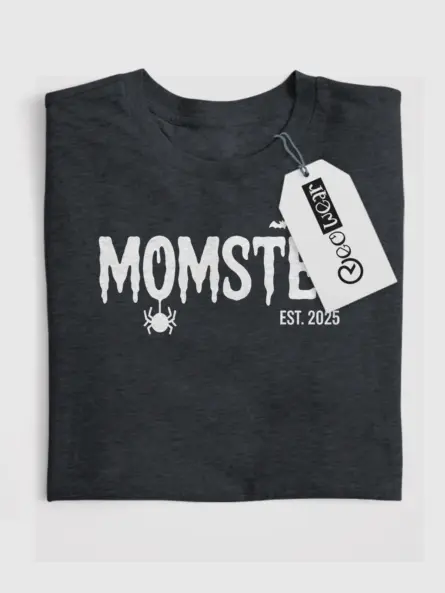 Dark heather front view momster-est 2025 t-shirt for new moms