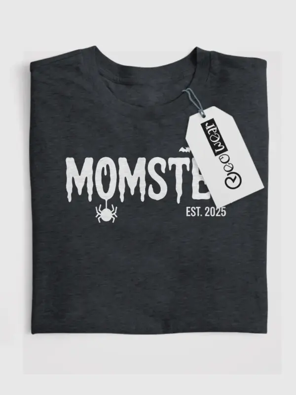 Dark heather front view momster-est 2025 t-shirt for new moms