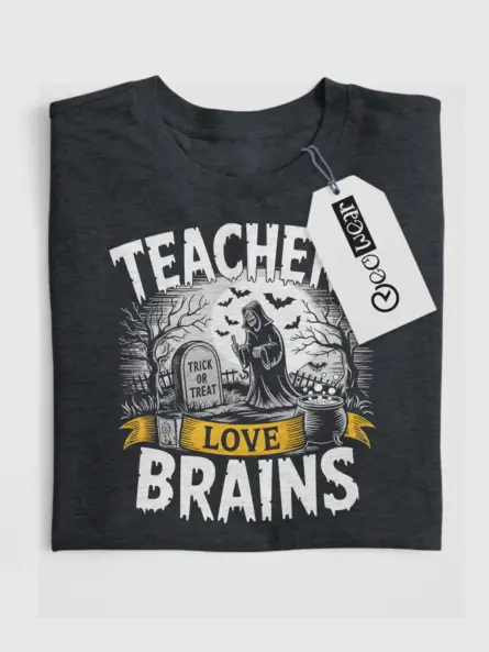 Dark Heather front view teachers love brains Halloween shirt vintage design