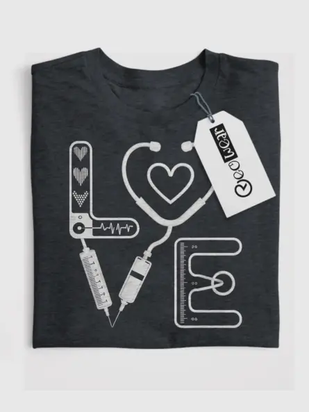 dark heather medical love shirt front design with heart monitor