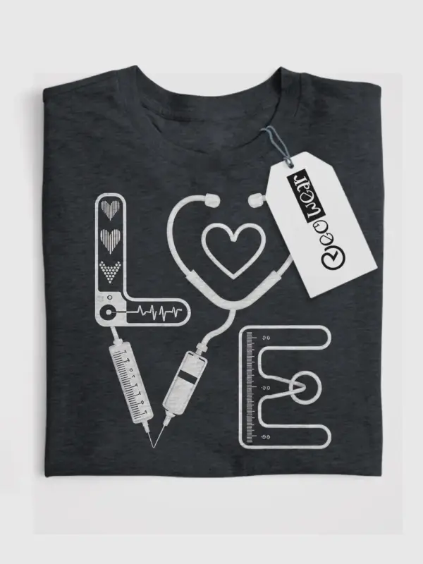 dark heather medical love shirt front design with heart monitor