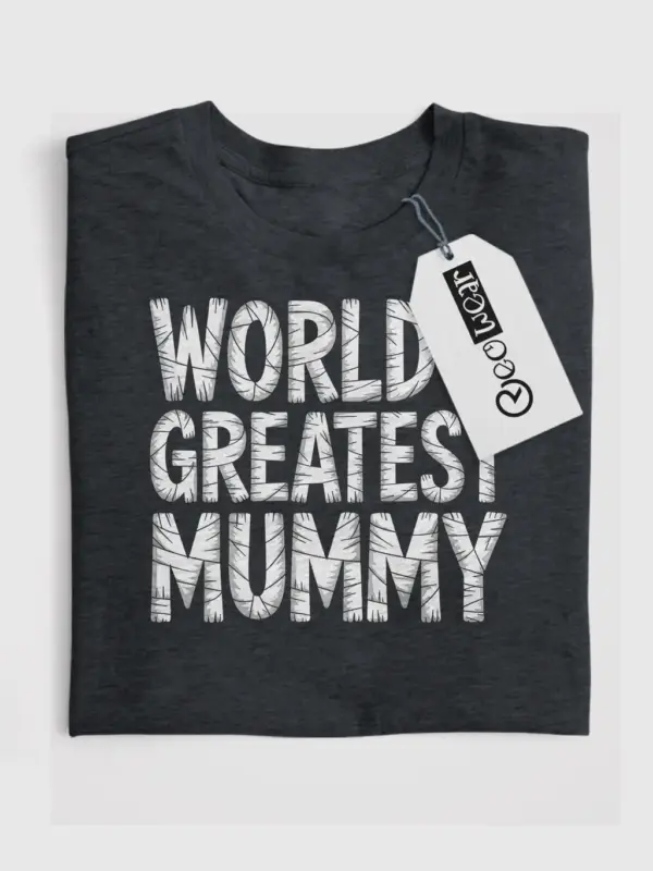 Dark Heather Front View – World’s Greatest Mummy – funny mummy Halloween mom t-shirt