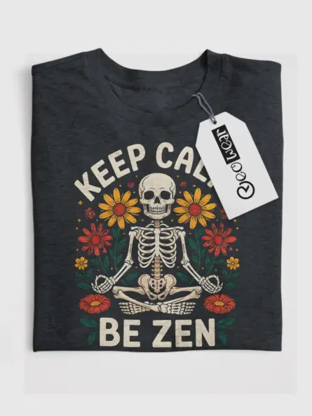 Dark Heather Keep Calm Be Zen Front Print – zen skeleton t-shirt