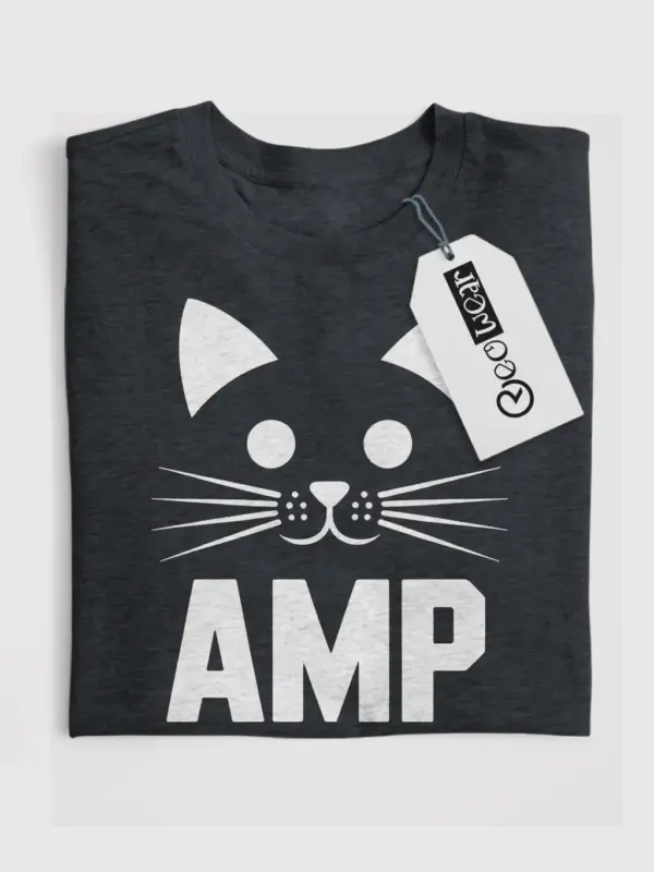 Dark Heather Amp Cat Shirt flatlay – cat lover gift for engineers, pun shirt