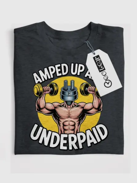 Dark Heather Amped Up and Underpaid Shirt flatlay – gym lover electrician tee