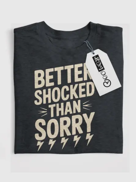 Dark Heather Better Shocked Than Sorry Shirt flatlay – electrician novelty shirt, retro vibe