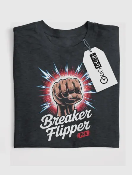 Dark Heather Breaker Flipper Shirt – comic style electrician t-shirt with fist and lightning