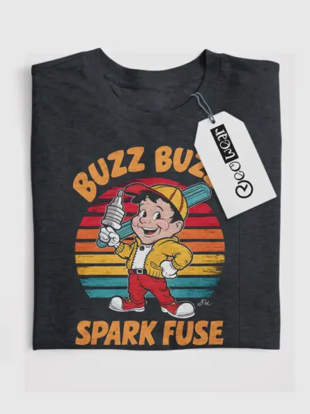 Dark Heather Buzz Buzz Spark Fuse Shirt – retro electrician tee for mechanics