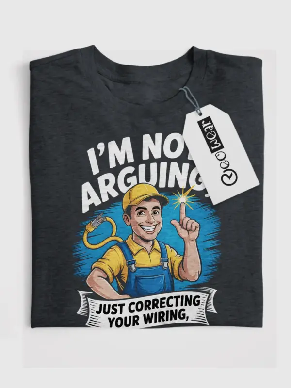 Dark Heather shirt detail of white ribbon text electrician pun shirt
