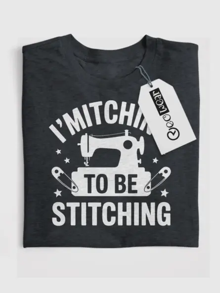 Front View Dark Heather Shirt "I'm Itching to Be Stitching" – funny sewing machine t-shirt