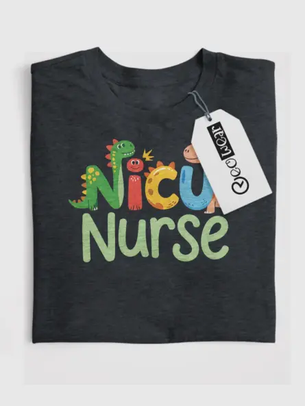 Dark Heather NICU nurse dinosaur t-shirt front view – NICU nurse dinosaur t-shirt for pediatric nurses
