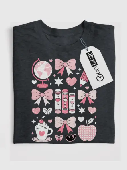 Kawaii T-Shirt – Irresistibly Cute Pink Bow & Book Grid Top - Image 4
