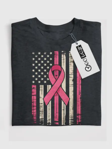 Dark Heather – Bold patriotic breast cancer flag tee in Dark Heather