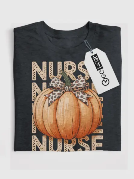 Pumpkin Nurse Shirt – Trendy Fall Tee with Leopard Bow Design - Image 4