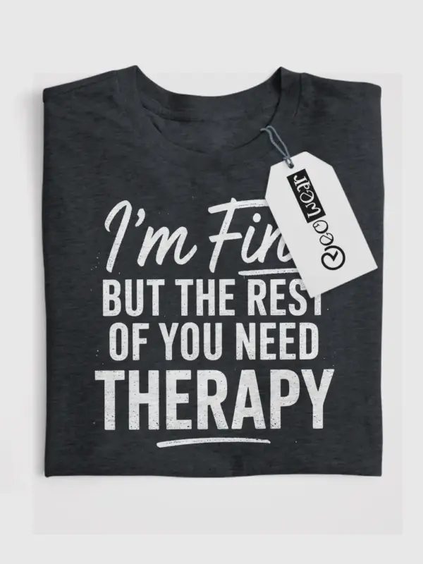 Front View Dark Heather Shirt "I'm Fine But the Rest of You Need Therapy" – sarcastic therapy t-shirt
