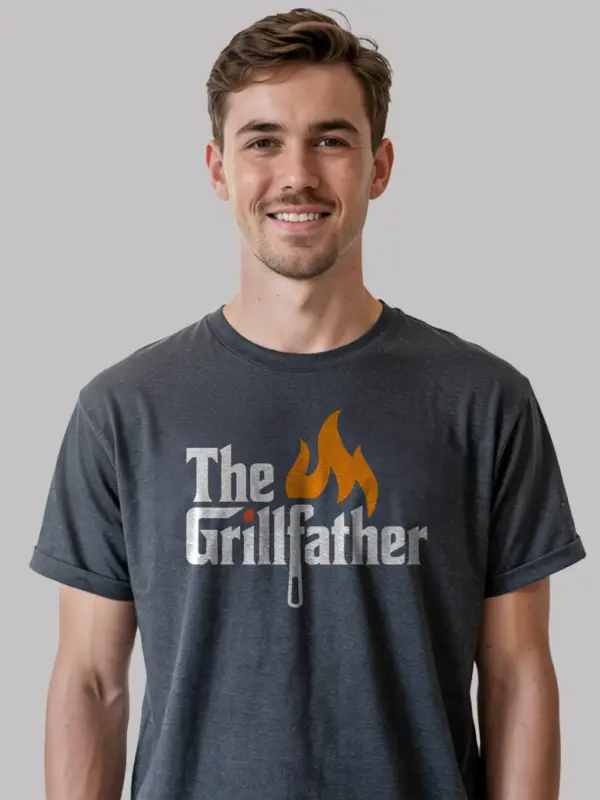 dark heather grillfather t shirt for dad front view flame text