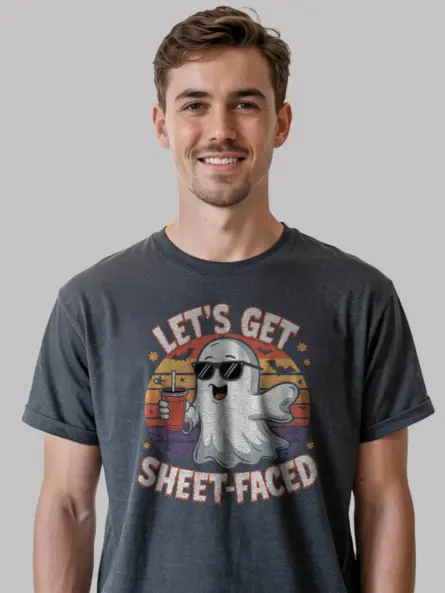 dark heather let’s get sheet faced halloween t-shirt spooky retro tee