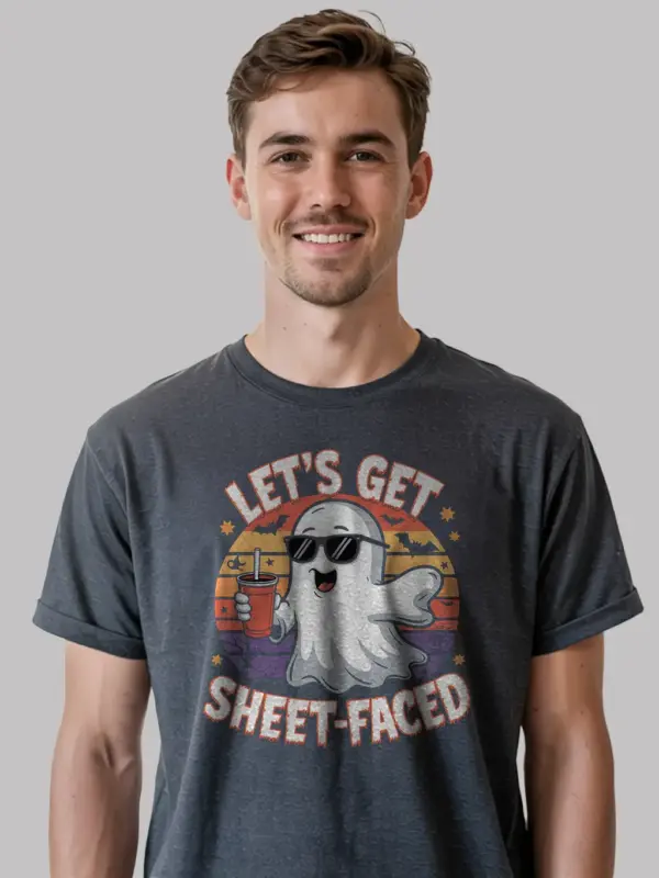 dark heather let’s get sheet faced halloween t-shirt spooky retro tee