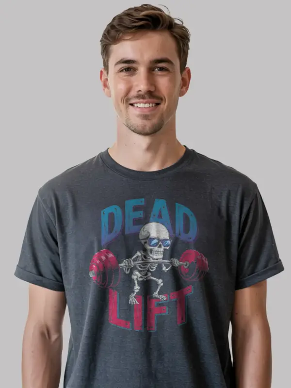 Dark Heather skeleton chef pizza t-shirt with gym skeleton art