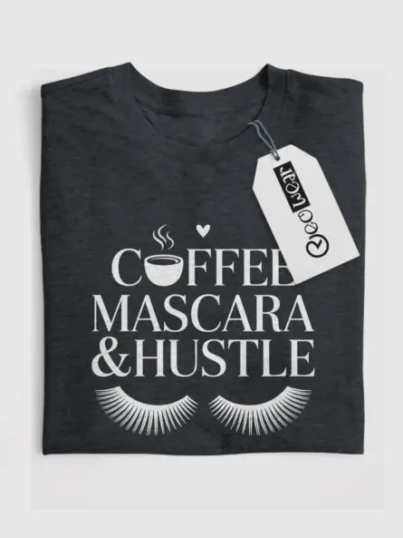 Dark heather front coffee mascara hustle t-shirt with eyelash and cup graphic