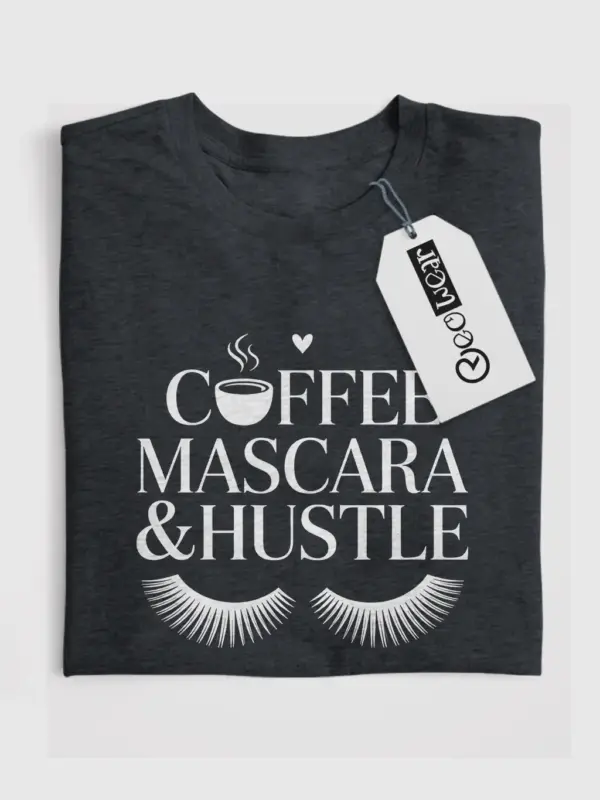 Dark heather front coffee mascara hustle t-shirt with eyelash and cup graphic