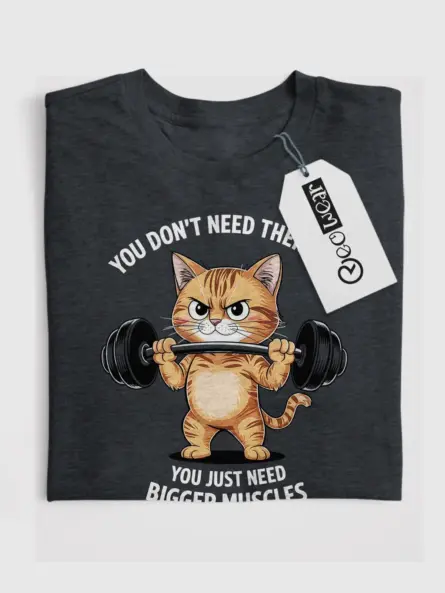 Front view of dark heather shirt with cartoon cat lifting weights, funny cat gym t-shirt
