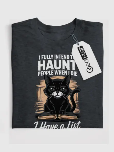 Dark Heather Shirt in Halloween setup, funny haunted cat t-shirt, lifestyle shot