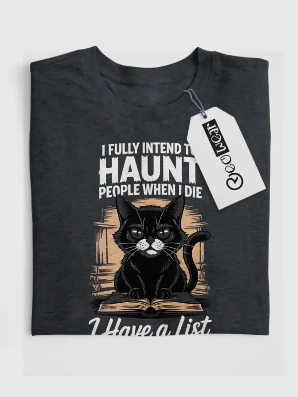 Dark Heather Shirt in Halloween setup, funny haunted cat t-shirt, lifestyle shot