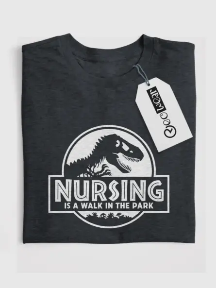 Dark Heather Parody Nurse Shirt with Jurassic Theme