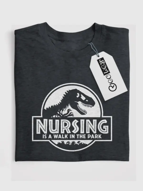 Dark Heather Parody Nurse Shirt with Jurassic Theme