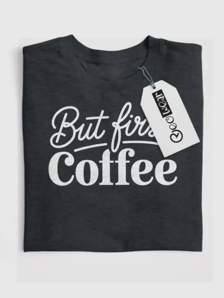 Dark heather front view minimalist but first coffee shirt