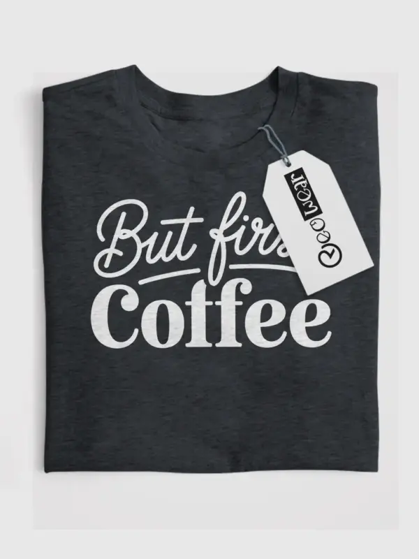 Dark heather front view minimalist but first coffee shirt