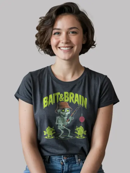Dark Heather Bait and Brain creepy cute skeleton fishing t-shirt front view