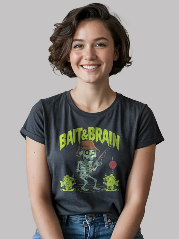 Dark Heather Bait and Brain creepy cute skeleton fishing t-shirt front view