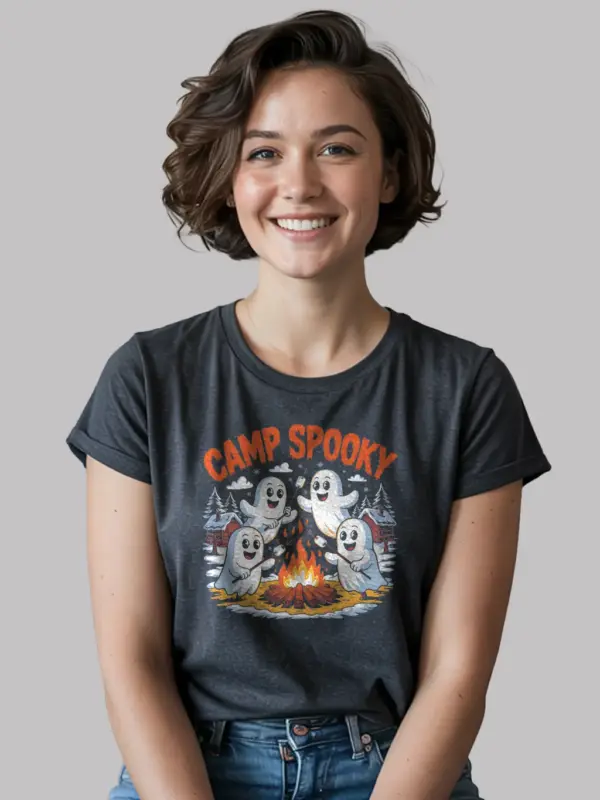 Dark Heather cute ghost campfire t-shirt in spooky theme