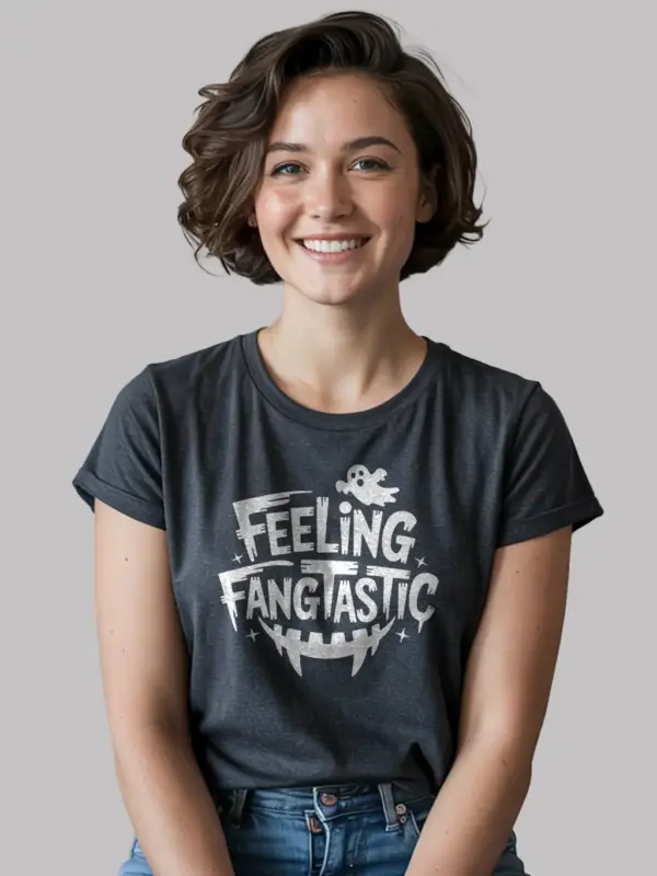 dark heather Feeling Fangtastic Halloween T-Shirt with ghost