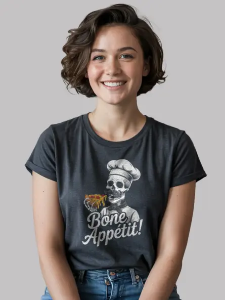 Lifestyle photo Dark Heather skeleton chef pizza shirt