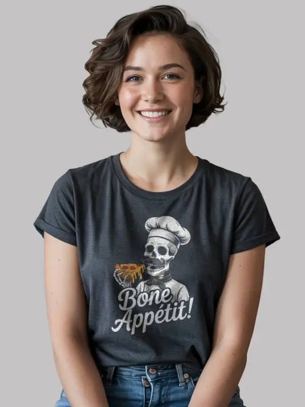 Lifestyle photo Dark Heather skeleton chef pizza shirt