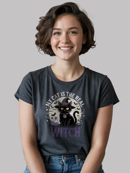 dark heather front view my cat is the real witch t-shirt mystical potion shirt