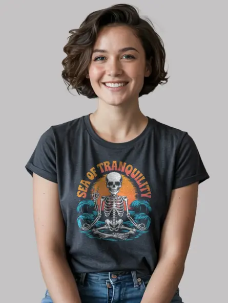 Dark Heather sea of tranquility t-shirt – tranquil ocean waves skeleton graphic