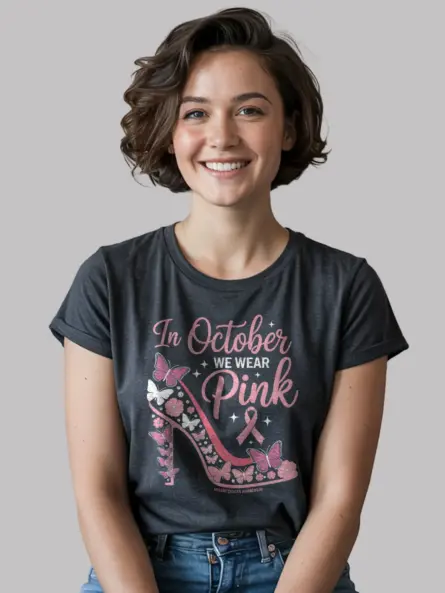 Dark Heather Shirt Front – Glam Butterfly Ribbon Design – in october we wear pink shirt