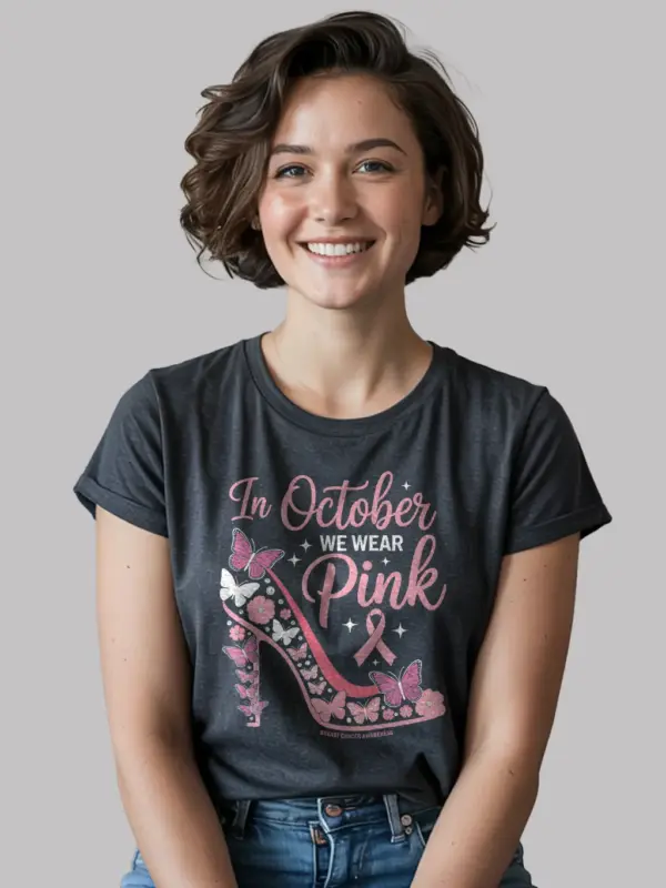 Dark Heather Shirt Front – Glam Butterfly Ribbon Design – in october we wear pink shirt