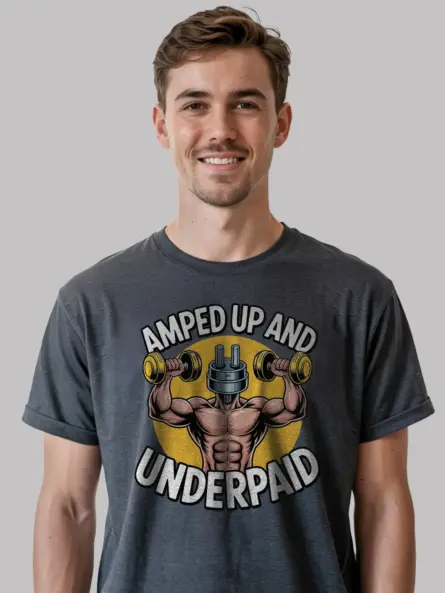 Dark Heather Amped Up and Underpaid Shirt Front – funny electrician shirt, trade humor
