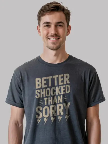 Dark Heather Better Shocked Than Sorry Shirt Front – vintage electrician t-shirt with safety quote