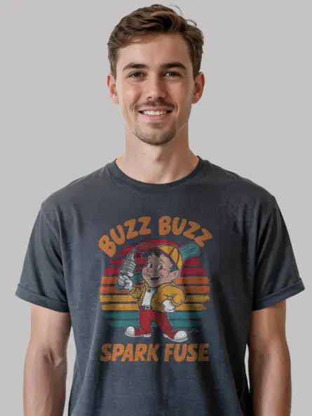 Dark Heather Buzz Buzz Spark Fuse Shirt Front – vintage cartoon electrician t-shirt, Spark Fuse mascot