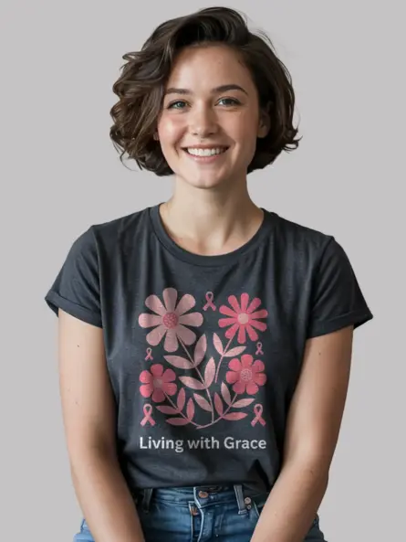 Elegant Living with Grace Breast Cancer Shirt – Floral Pink Ribbon Tee - Image 5